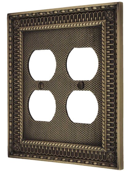 Pisano Double Gang Duplex Outlet Cover in Antique Brass.